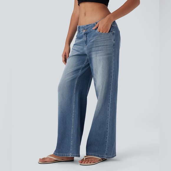 Halara Flex™ Asymmetric Low Rise Zipper Baggy Wide Leg Jeans small Petite NWOT** - Picture 3 of 8